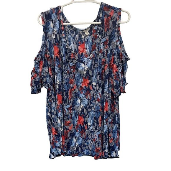 CATO Plus Size Cold Shoulder Blouse 26/28W Floral Pleated Design Blue & Red - Picture 6 of 6